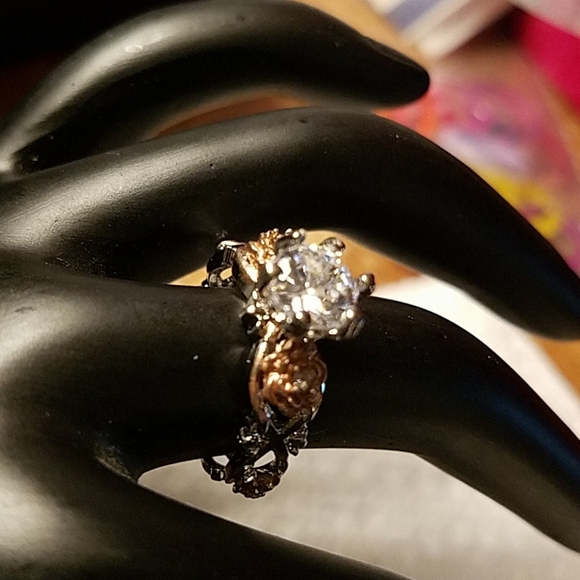 Rose Accent Rhinestone Gold & Silver Tone Ring - Picture 1 of 4